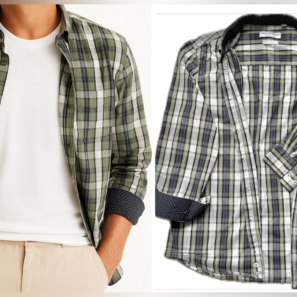 Nick Graham Cotton Stretch Modern Fit Plaid Button-Down Shirt XL • Green Navy